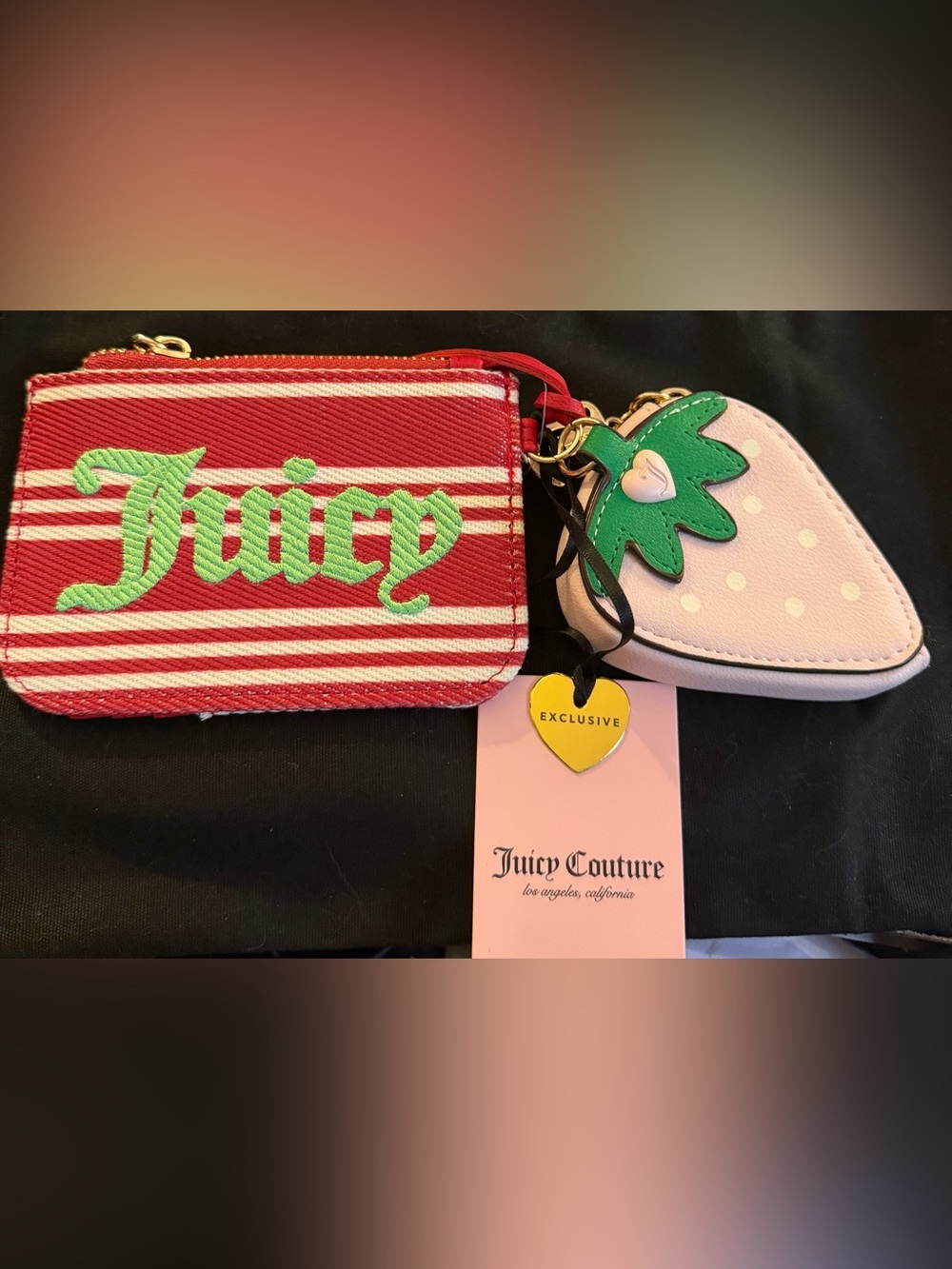 Juicy Couture Red & Pink Stripe Key/Card Holder with Strawberry Charm